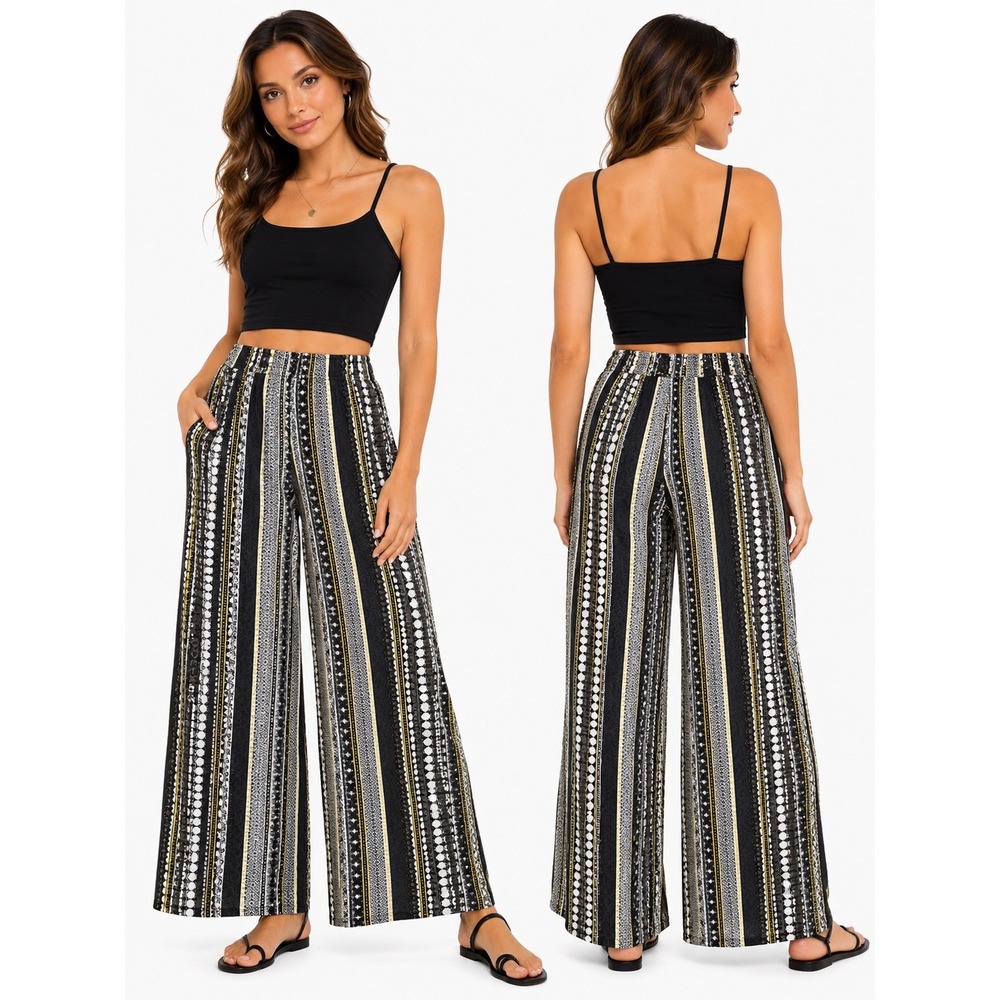 Jon & Anna Wide Leg Pants Women Medium Black Yellow Stripe Elephant Boho Palazzo